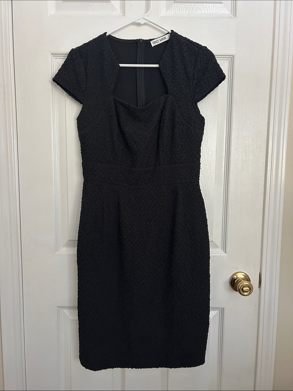 Grace Karin Black Textured Cap-Sleeve Midi Dress
